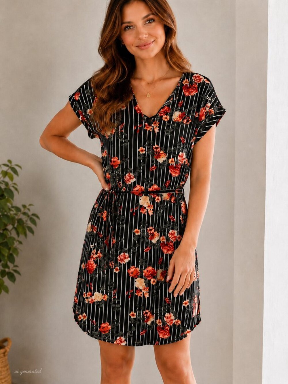 NWT Bobbie Brooks Mini Dress Floral Stripe Tie Waist Women's Large Boho Cottage